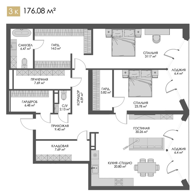 Планировка 3-комнатные квартиры, 176.08 m2 в ЖК Belle View, в г. Алматы
