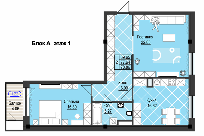 Планировка 2-комнатные квартиры, 78.86 m2 в ЖК V Club, в г. Усть-Каменогорска