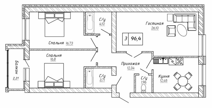 Планировка 3-комнатные квартиры, 96.4 m2 в ЖК Baspana, в г. Караганды
