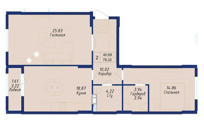 Планировка 2-комнатные квартиры, 79.32 m2 в ЖК Ayana Plaza, в г. Нур-Султана (Астаны)