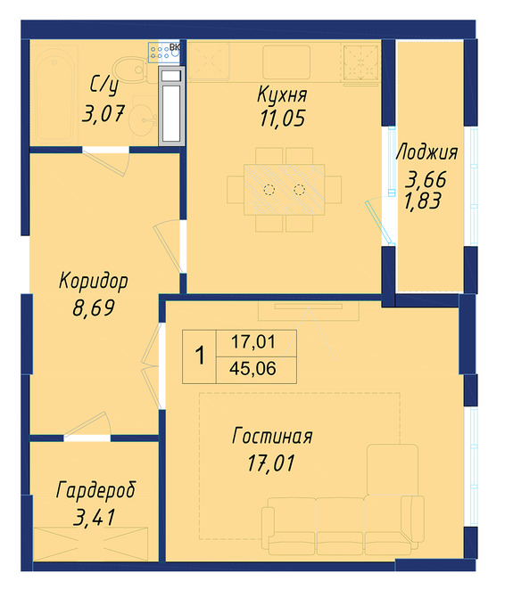 Планировка 1-комнатные квартиры, 45.06 m2 в ЖК Ayana Plaza, в г. Нур-Султана (Астаны)