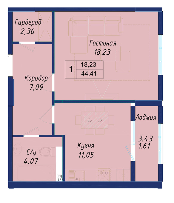 Планировка 1-комнатные квартиры, 44.41 m2 в ЖК Ayana Plaza, в г. Нур-Султана (Астаны)