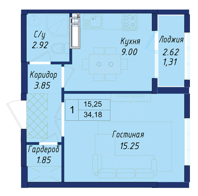 Планировка 1-комнатные квартиры, 34.18 m2 в ЖК Ayana Plaza, в г. Нур-Султана (Астаны)