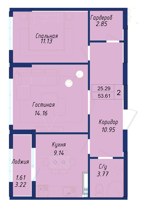 Планировка 2-комнатные квартиры, 53.61 m2 в ЖК Ayana Plaza, в г. Нур-Султана (Астаны)