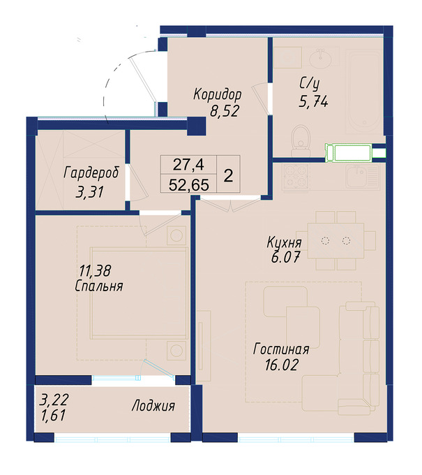 Планировка 1-комнатные квартиры, 52.65 m2 в ЖК Ayana Plaza, в г. Нур-Султана (Астаны)