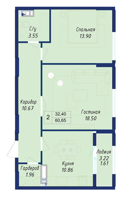 Планировка 2-комнатные квартиры, 60.65 m2 в ЖК Ayana Plaza, в г. Нур-Султана (Астаны)