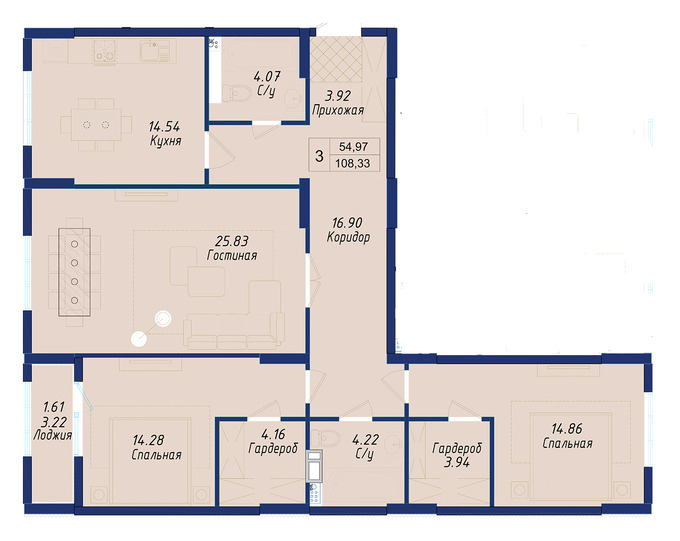 Планировка 3-комнатные квартиры, 108.33 m2 в ЖК Ayana Plaza, в г. Нур-Султана (Астаны)