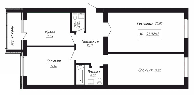 Планировка 3-комнатные квартиры, 91.92 m2 в ЖК Baspana, в г. Караганды