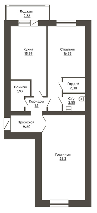 Планировка 2-комнатные квартиры, 74.36 m2 в ЖК Baspana, в г. Караганды