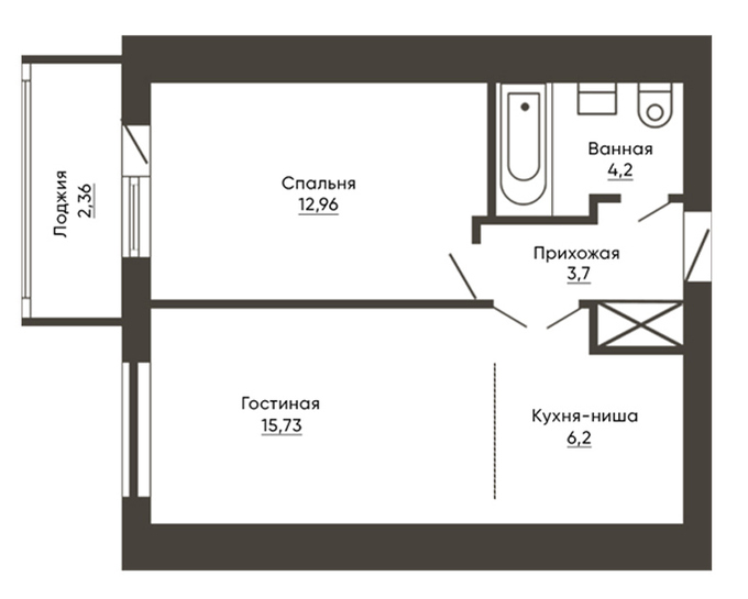 Планировка 1-комнатные квартиры, 45.15 m2 в ЖК Baspana, в г. Караганды