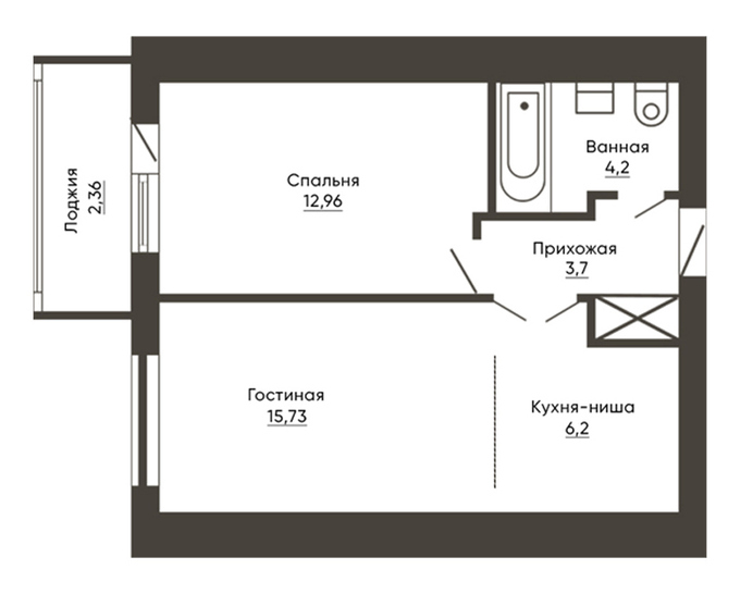 Планировка 1-комнатные квартиры, 45.15 m2 в ЖК Baspana, в г. Караганды