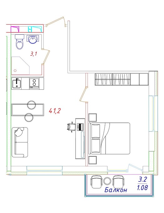 Планировка 1-комнатные квартиры, 41.2 m2 в Апартамент отель Living Hotel Aktobe, в г. Актобе