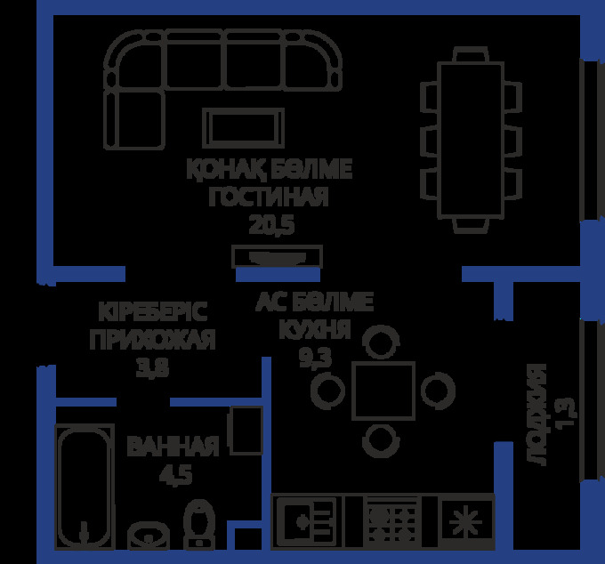 Планировка 1-комнатные квартиры, 39.4 m2 в ЖК Акварель, в г. Алматы