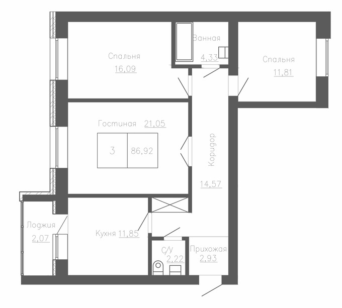Планировка 3-комнатные квартиры, 86.92 m2 в ЖК Tulpar Residence, в г. Караганды