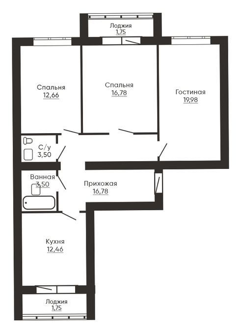 Планировка 3-комнатные квартиры, 89.16 m2 в ЖК Jasmin, в г. Караганды