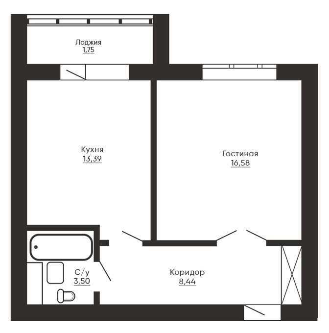 Планировка 1-комнатные квартиры, 43.66 m2 в ЖК Jasmin, в г. Караганды