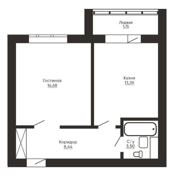 Планировка 1-комнатные квартиры, 43.76 m2 в ЖК Jasmin, в г. Караганды