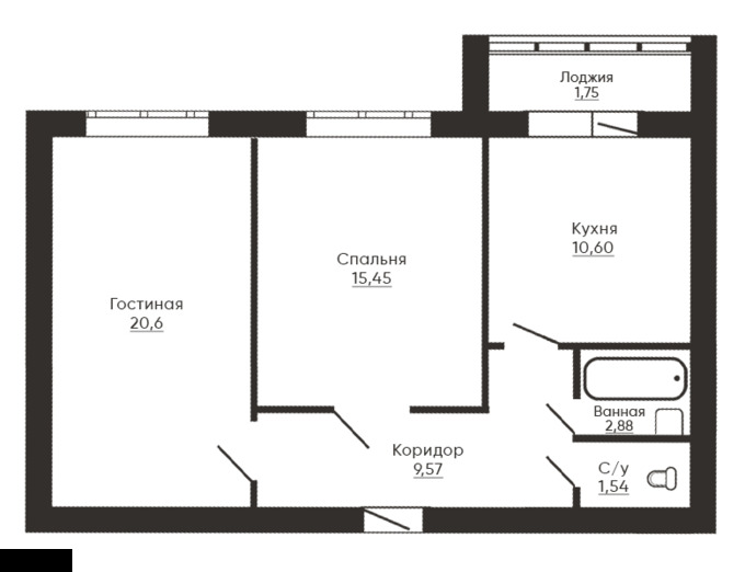 Планировка 2-комнатные квартиры, 62.39 m2 в ЖК Jasmin, в г. Караганды