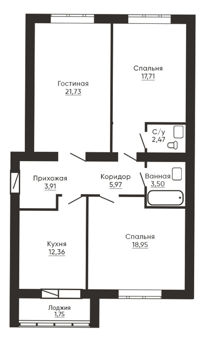 Планировка 3-комнатные квартиры, 88.35 m2 в ЖК Jasmin, в г. Караганды