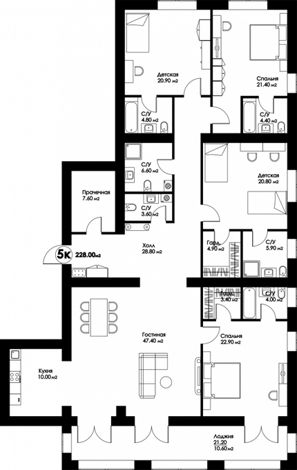 Планировка 5-комнатные квартиры, 228 m2 в ЖК Florence, в г. Нур-Султана (Астаны)