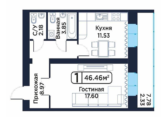 Планировка 1-комнатные квартиры, 46.46 m2 в ЖК R-club DELUXE, в г. Нур-Султана (Астаны)