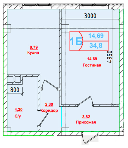 Планировка 1-комнатные квартиры, 34.8 m2 в ЖК Terekti, в г. Алматы