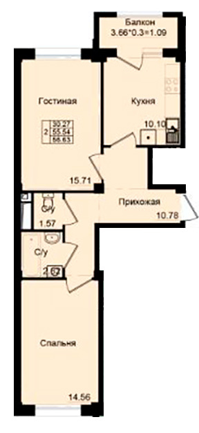 Планировка 2-комнатные квартиры, 56.63 m2 в ЖК Satay, в г. Алматы