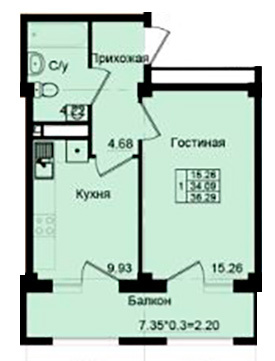 Планировка 1-комнатные квартиры, 36.29 m2 в ЖК Satay, в г. Алматы