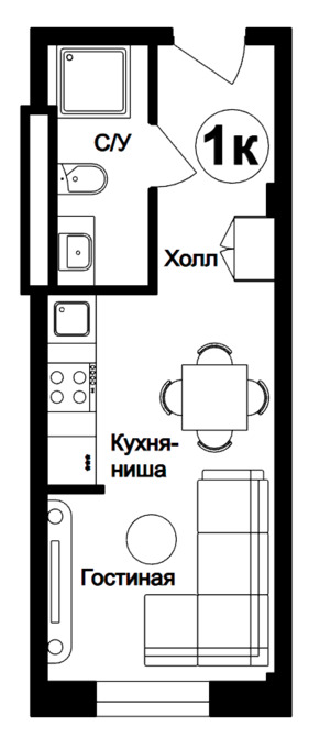 Планировка 1-комнатные квартиры, 21.08 m2 в ЖК Ак-Отау 3, в г. Нур-Султана (Астаны)