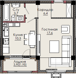 Планировка 1-комнатные квартиры, 39.95 m2 в ЖК Crystal, в г. Усть-Каменогорска