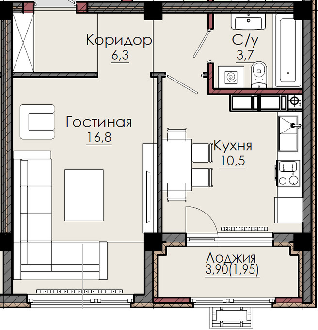 Планировка 1-комнатные квартиры, 39.25 m2 в ЖК Crystal, в г. Усть-Каменогорска