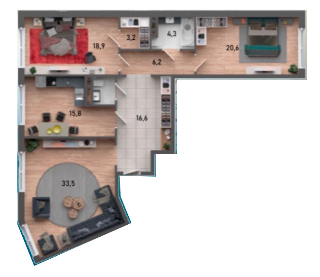 Планировка 3-комнатные квартиры, 121.8 m2 в ЖК TaRas, в г. Актау