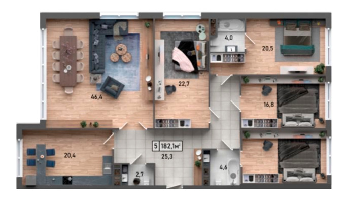 Планировка 5-комнатные квартиры, 182.1 m2 в ЖК TaRas, в г. Актау