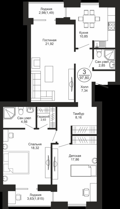 Планировка 3-комнатные квартиры, 97.8 m2 в ЖК Brownstone, в г. Караганды