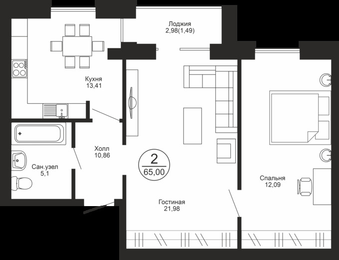 Планировка 2-комнатные квартиры, 65 m2 в ЖК Brownstone, в г. Караганды