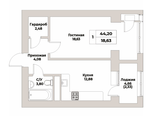 Планировка 1-комнатные квартиры, 44.2 m2 в ЖК Комфорт Сити, в г. Алматы