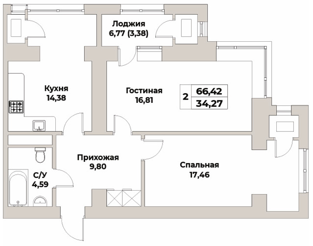 Планировка 2-комнатные квартиры, 66.42 m2 в ЖК Комфорт Сити, в г. Алматы