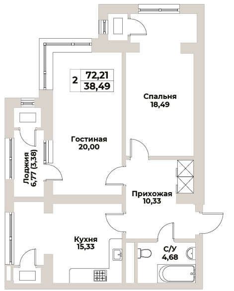 Планировка 2-комнатные квартиры, 72.21 m2 в ЖК Комфорт Сити, в г. Алматы