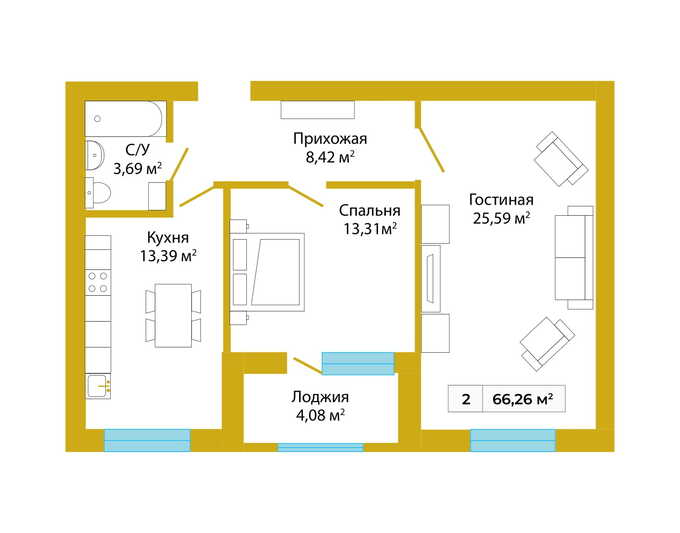 Планировка 2-комнатные квартиры, 66.26 m2 в ЖК Ainabulaq, в г. Нур-Султана (Астаны)