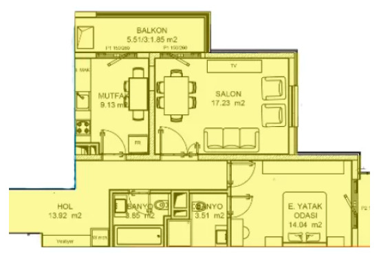 Планировка 2-комнатные квартиры, 71.4 m2 в ЖК Nur-Sultan City, в г. Туркестана