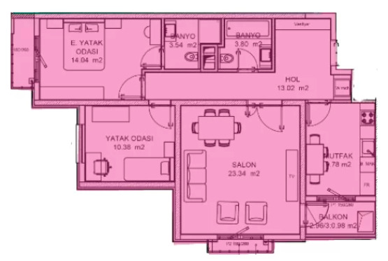 Планировка 3-комнатные квартиры, 84.4 m2 в ЖК Nur-Sultan City, в г. Туркестана