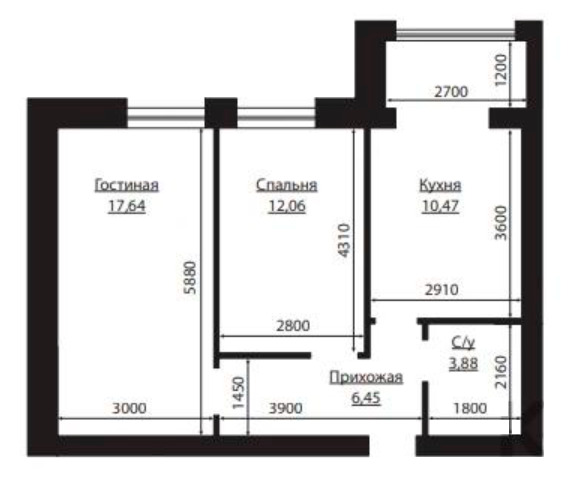 Планировка 2-комнатные квартиры, 55.3 m2 в ЖК Baq Sarai, в г. Актау