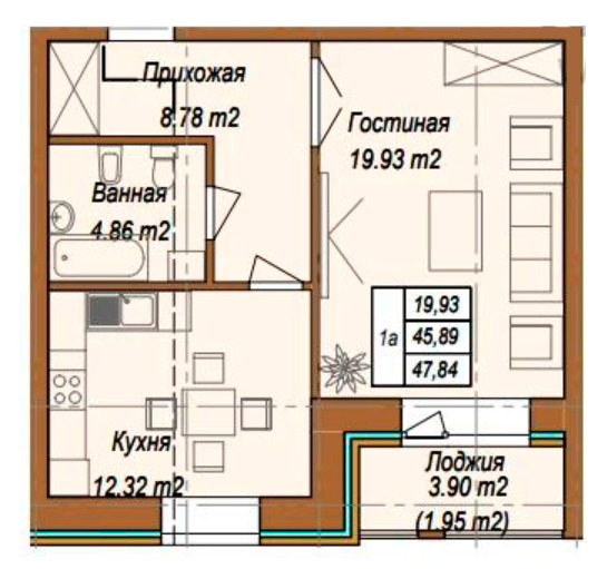 Планировка 1-комнатные квартиры, 47.84 m2 в ЖК Колос, в г. Нур-Султана (Астаны)