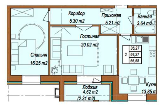 Планировка 2-комнатные квартиры, 66.58 m2 в ЖК Колос, в г. Нур-Султана (Астаны)