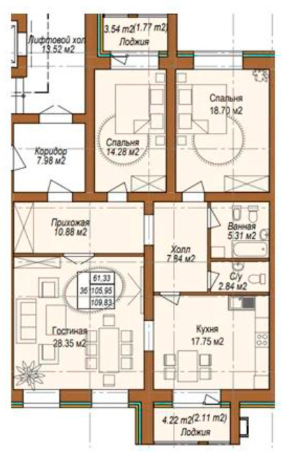 Планировка 3-комнатные квартиры, 109.83 m2 в ЖК Колос, в г. Нур-Султана (Астаны)