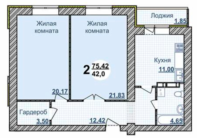 Планировка 2-комнатные квартиры, 75.42 m2 в ЖК в 7 мкрн, в г. Костаная