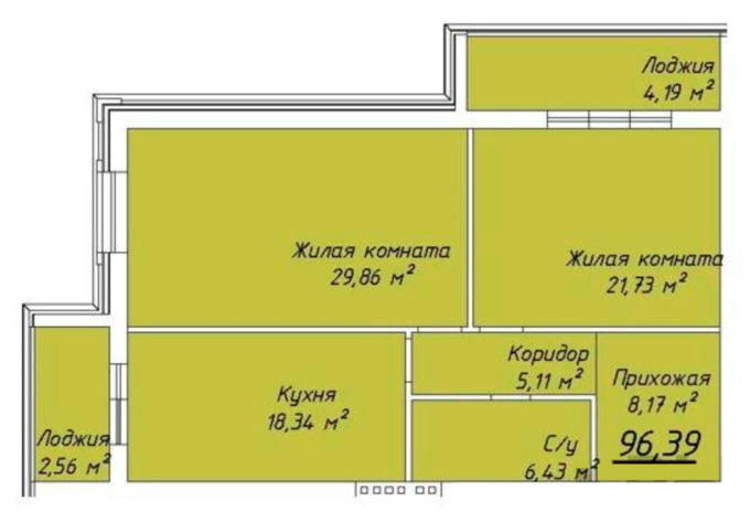 Планировка 2-комнатные квартиры, 96.39 m2 в ЖК на ул. Железнодорожная, 125/4, в г. Аксая