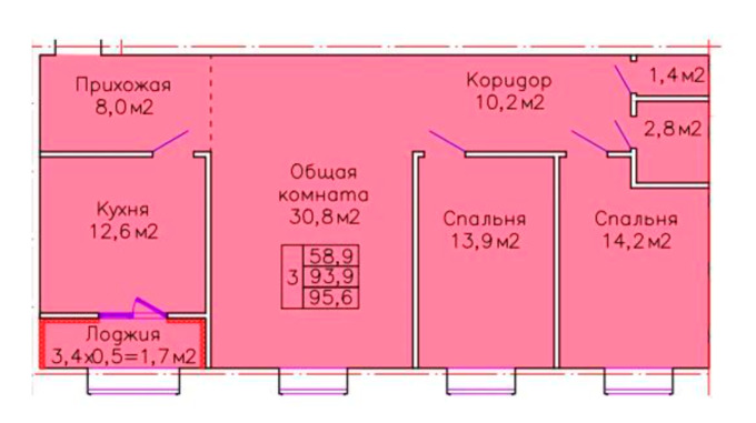 Планировка 3-комнатные квартиры, 95.6 m2 в ЖК Шанырак, в г. Семея