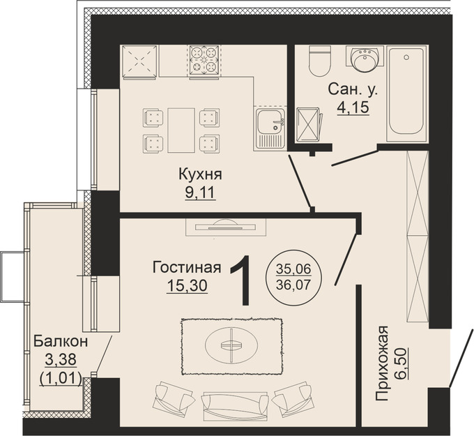 Планировка 1-комнатные квартиры, 36.07 m2 в ЖК Auen, в г. Нур-Султана (Астаны)