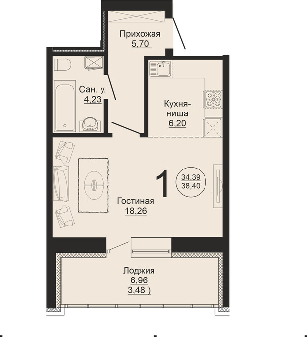 Планировка 1-комнатные квартиры, 38.4 m2 в ЖК Auen, в г. Нур-Султана (Астаны)